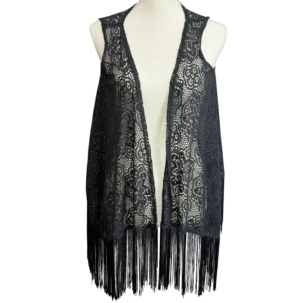 Lace Vest Womens S Black Boho Fringe Open Front Oversized‎ Festival Whimsigoth